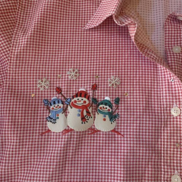 Las Olas Womens Size Medium Embroidered Blouse Red‎ White Checkers Long Sleeve - Picture 6 of 10